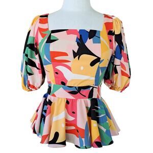 Tea & Cup Puff Sleeve Square Neck Peplum Top Pink Multicolor Bright Small